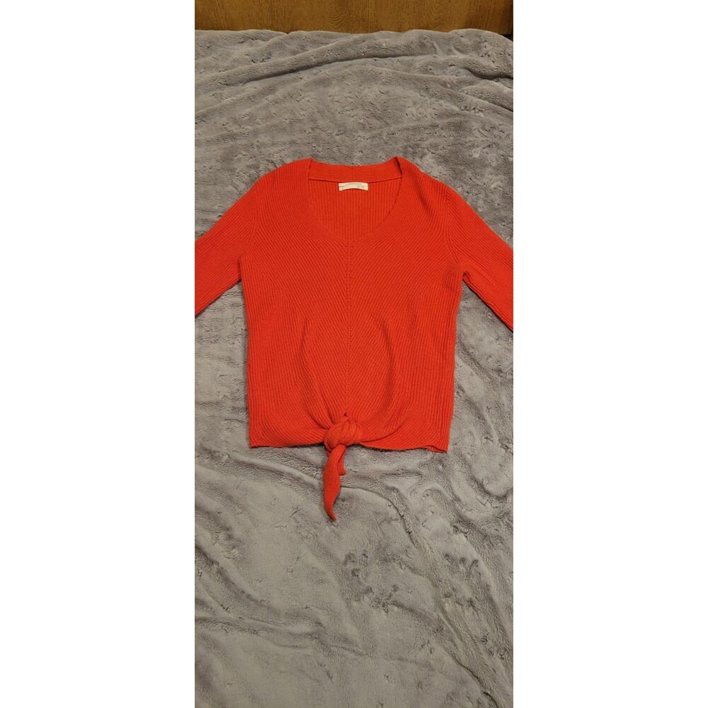 By Anthropologie Women's Tie Front Sweater XS Ribbed Orange Knit Cropped V neck